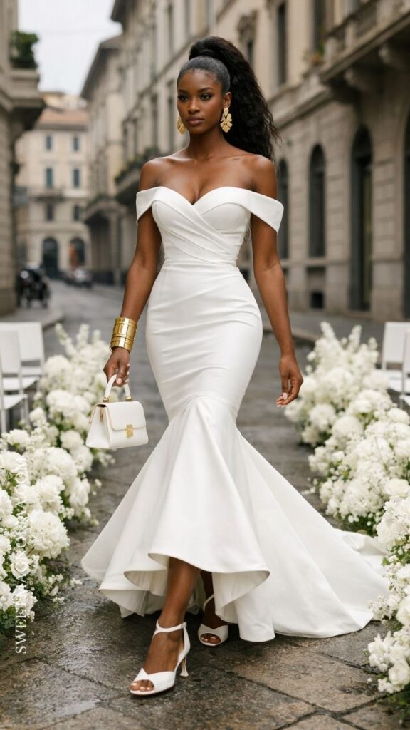 Off-shoulder mermaid wedding dress with structured bodice and soft flare, styled for a chic and elegant wedding ceremony setting.