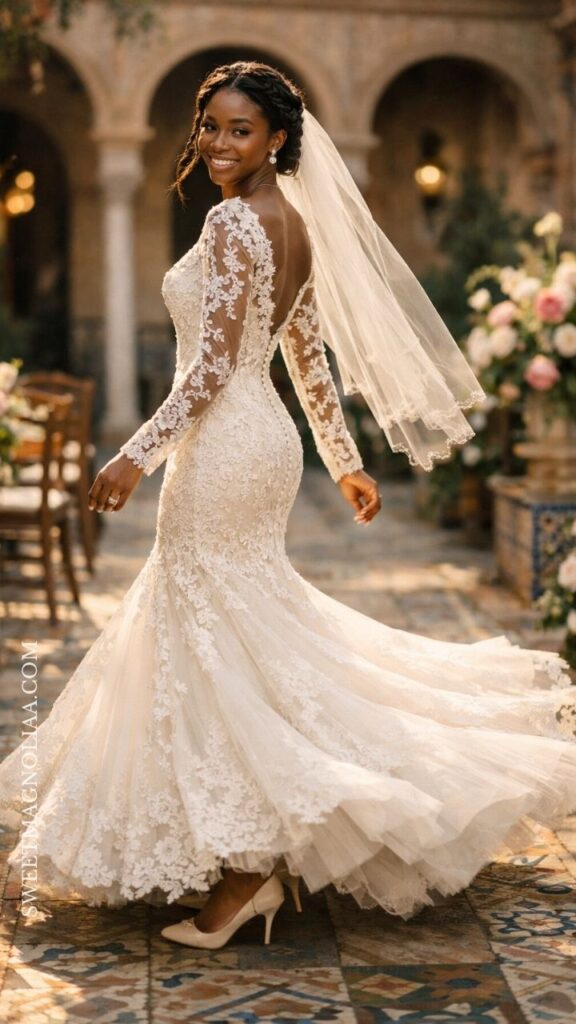 Long sleeve lace mermaid wedding dress with sheer details and flowing train, perfect for a timeless and romantic bridal style.