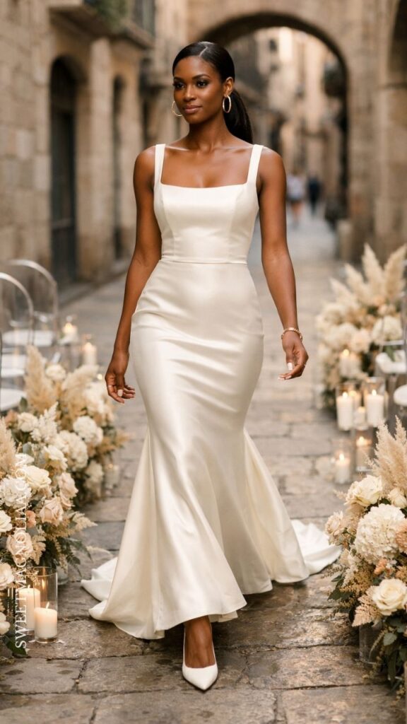 Minimal mermaid wedding dress with square neckline and clean fitted lines, styled for a modern and understated bridal look.