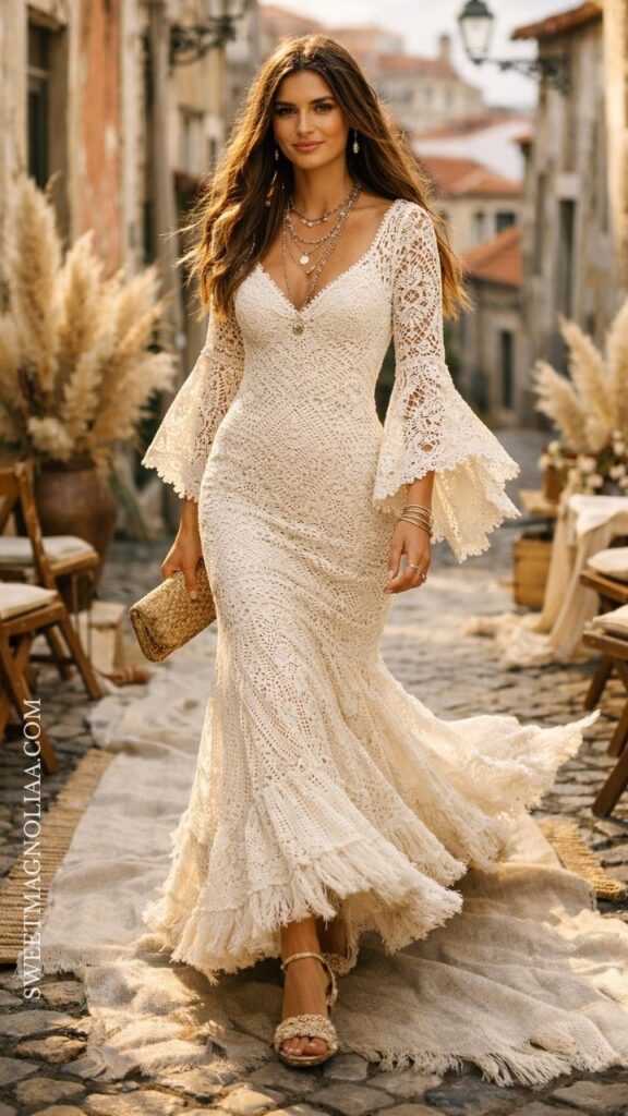 Boho lace mermaid wedding dress with crochet texture and bell sleeves, styled for a relaxed outdoor wedding.
