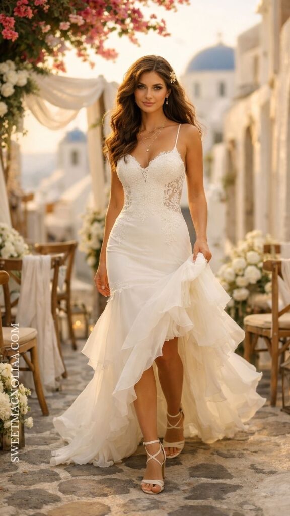 Tulle layered bridal gown with fitted bodice and flowing skirt, styled for a soft and romantic wedding look.