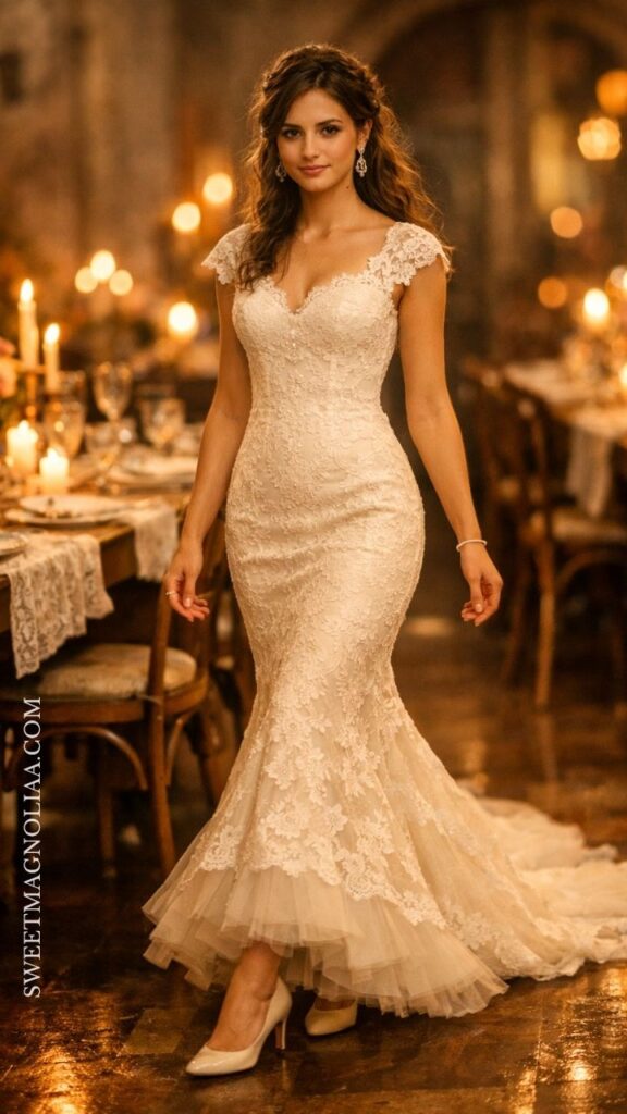 Fitted lace mermaid wedding dress with cap sleeves and floral texture, styled for a warm indoor evening wedding with a soft romantic feel.