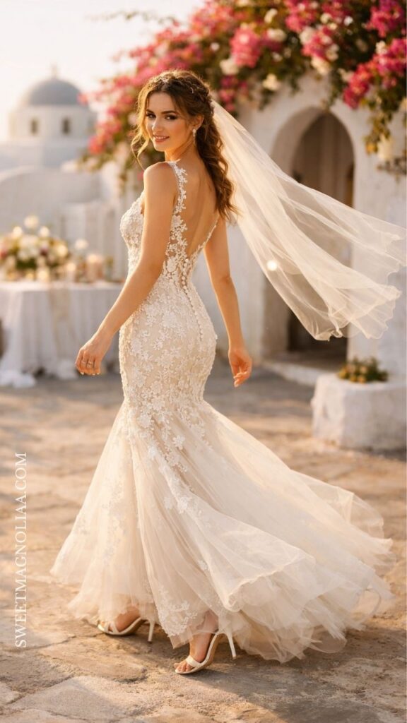 Backless lace mermaid wedding dress with fitted silhouette and flowing hem, styled for a romantic outdoor bridal setting.