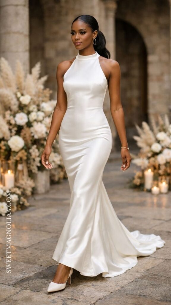 Classic satin bridal gown with clean lines and fitted silhouette, styled for a minimal and elegant wedding look.