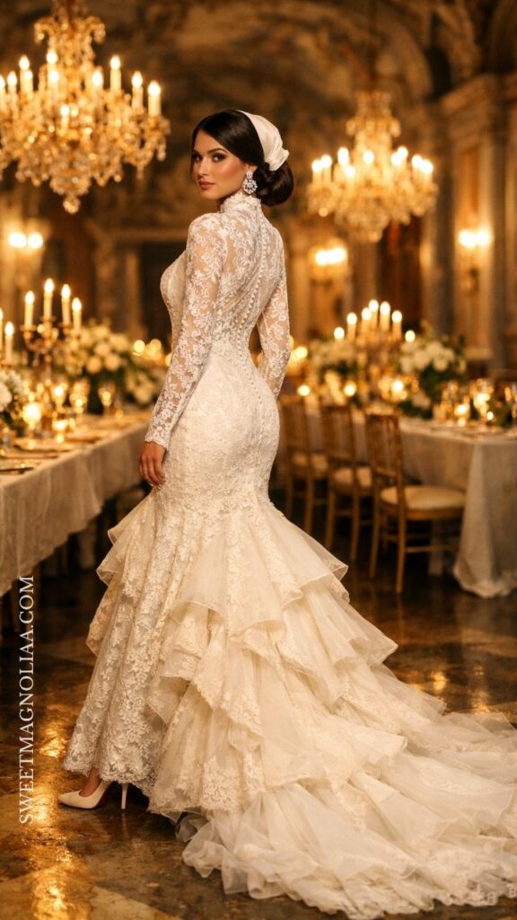 Long sleeve lace bridal gown with flowing train and fitted silhouette, styled for a formal and elegant wedding setting.