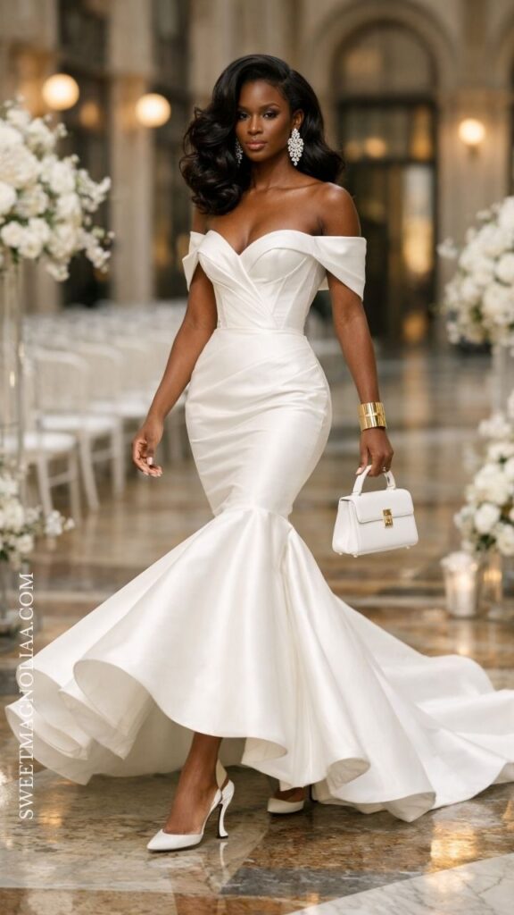 Off-shoulder satin mermaid wedding dress with fitted silhouette and flared hem, styled for an elegant and timeless bridal look.