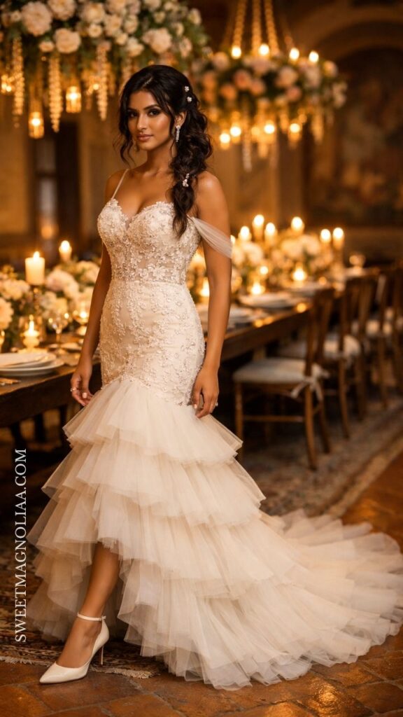 Strapless layered bridal gown with soft flowing skirt and fitted silhouette, styled for a romantic and elegant wedding look.