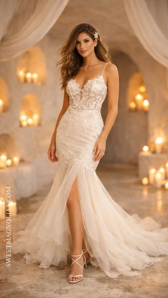 Lace mermaid wedding dress with tulle hem and fitted bodice, styled for a romantic and textured bridal look.