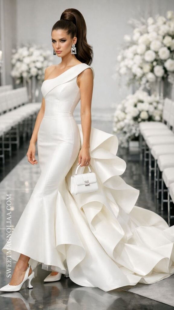 One-shoulder fitted bridal gown with structured bodice and ruffled hem, styled for a modern and fashion-forward look.