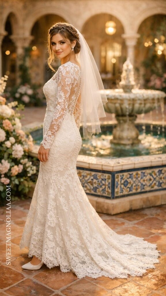 Long sleeve lace fitted wedding dress with sheer details and flowing train, perfect for a romantic outdoor bridal setting.