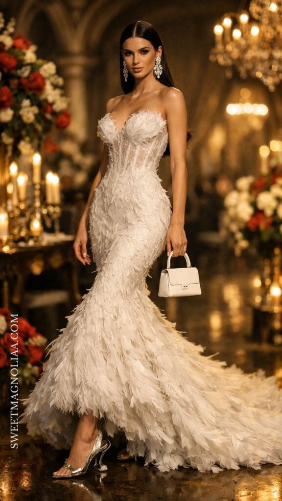 Feather detail mermaid wedding dress with fitted bodice and textured skirt, styled for a glamorous evening wedding look.