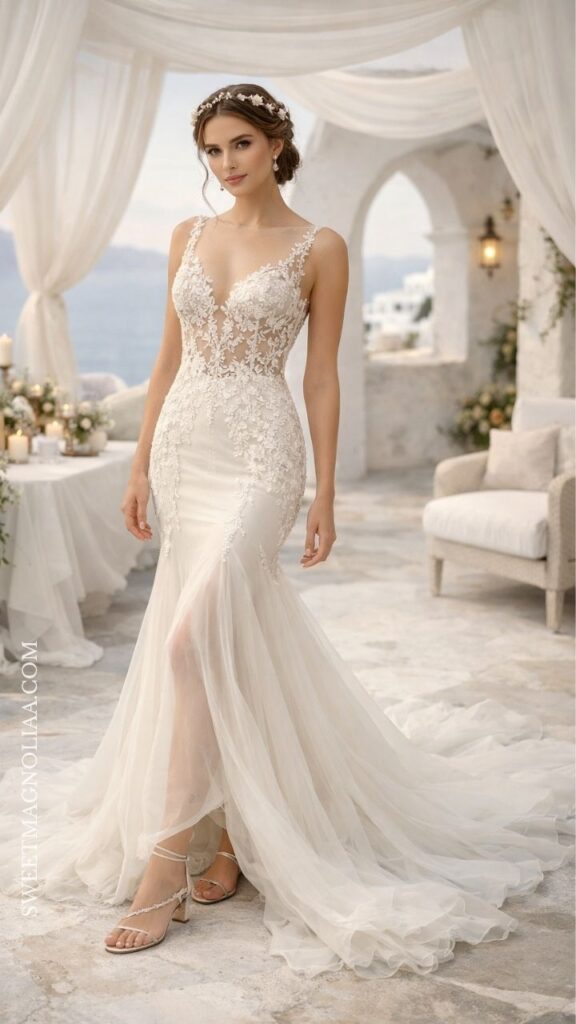 Sheer tulle mermaid wedding dress with lace detailing and flowing skirt, styled for a soft and romantic outdoor wedding.