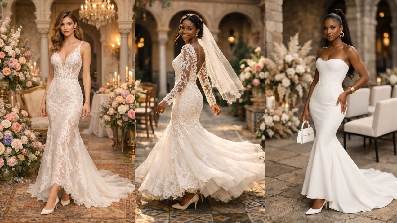 Three mermaid wedding dresses featuring lace, long sleeve, and strapless styles, styled for romantic, elegant, and modern bridal looks in a wedding setting.