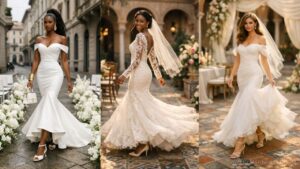 Three mermaid wedding dresses featuring off-shoulder satin, long sleeve lace, and soft tulle styles, styled for elegant, modern, and romantic bridal looks.