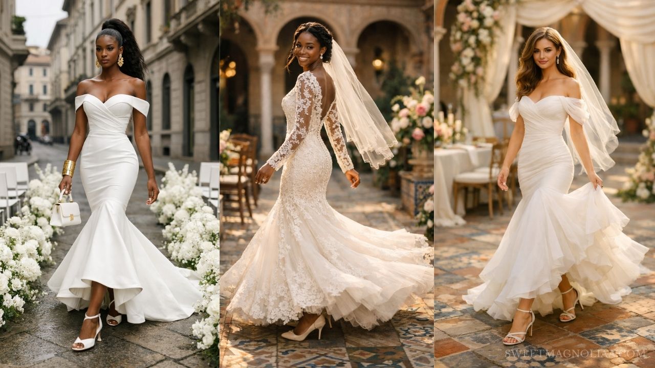 Three mermaid wedding dresses featuring off-shoulder satin, long sleeve lace, and soft tulle styles, styled for elegant, modern, and romantic bridal looks.
