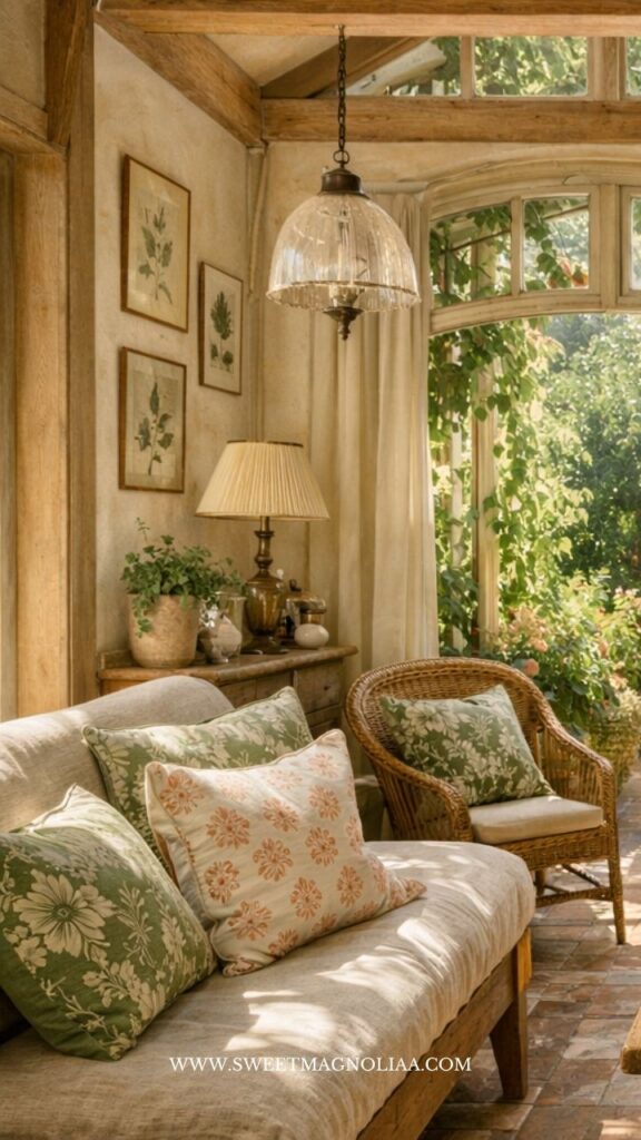 Sunlit cottage style seating area with floral cushions, wicker chair, soft curtains, and natural greenery bringing a fresh and relaxed Parisian feel