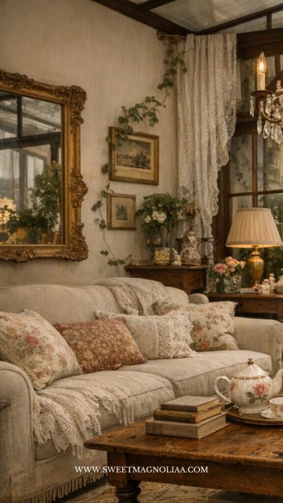 Cozy cottage style living room with floral pillows, lace throws, vintage mirror, and warm lighting creating a soft, romantic Parisian-inspired space