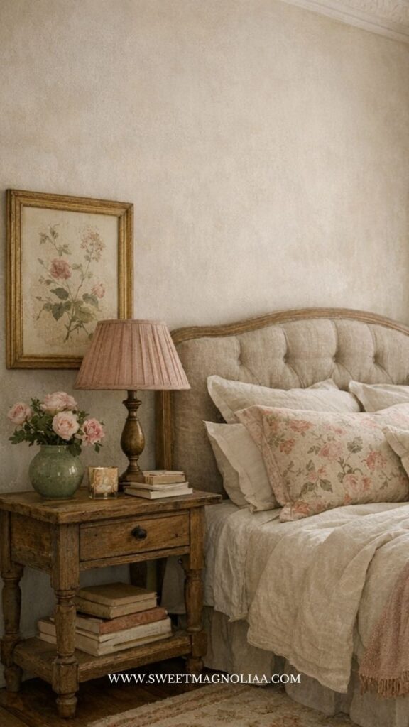 Soft cottage style bedroom with layered linens, floral pillows, wooden nightstand, and warm lighting creating a peaceful and cozy retreat