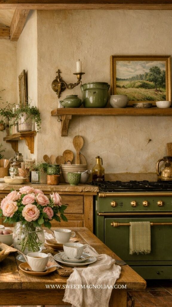 Warm cottage style kitchen with vintage wood, green stove, open shelves, and soft floral touches creating a cozy and inviting Parisian atmosphere