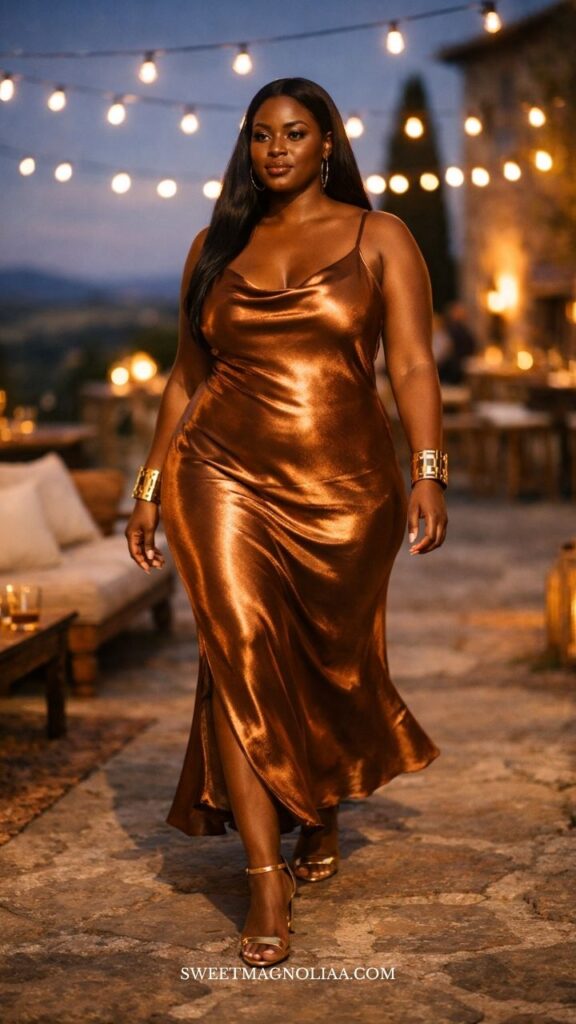 Plus-size woman in a metallic satin slip wedding guest dress with thin straps and draped neckline, walking in a warm, candlelit outdoor setting.