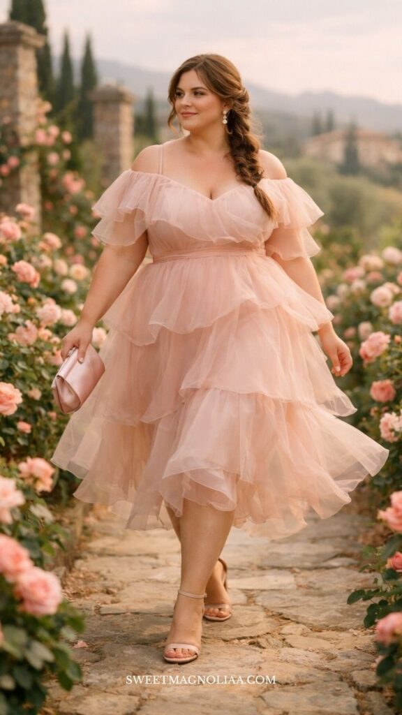 Plus-size woman in an off-shoulder tulle wedding guest dress with layered ruffle skirt, walking through a garden path with soft floral surroundings.