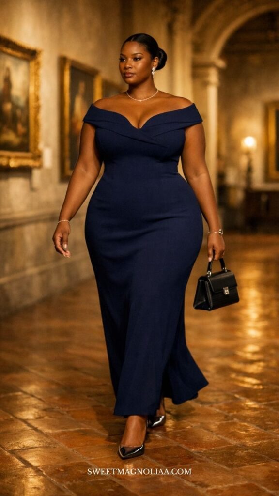 Plus-size woman in an off-shoulder maxi wedding guest dress with fitted silhouette, walking indoors in a softly lit, elegant venue setting.