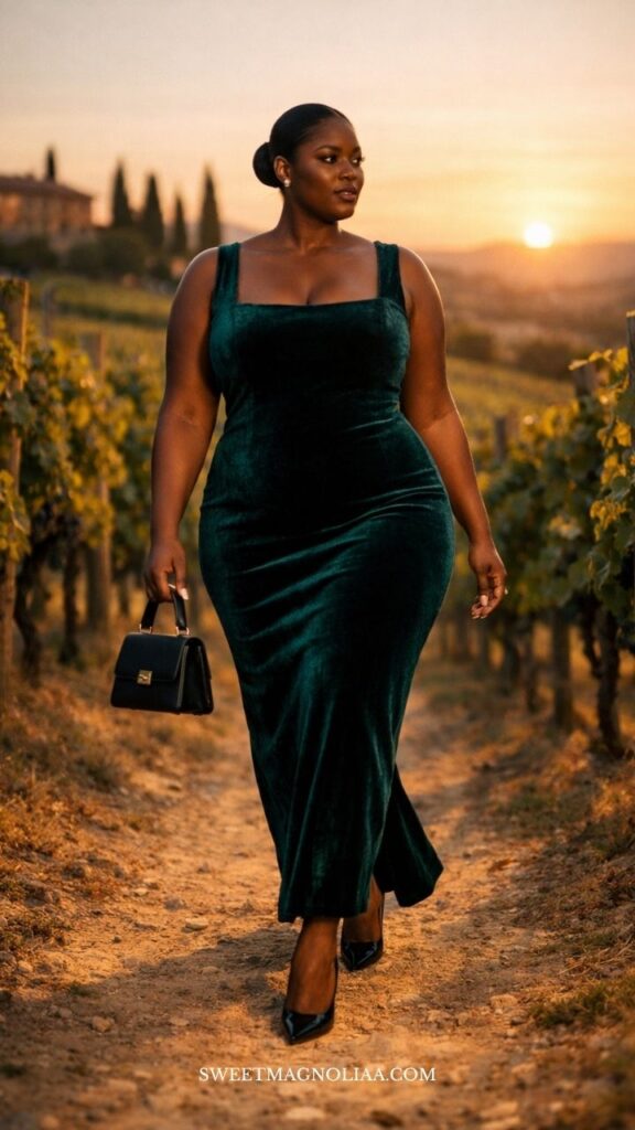 Plus-size woman in a velvet midi wedding guest dress with square neckline and fitted silhouette, walking through a vineyard at sunset with warm golden light.