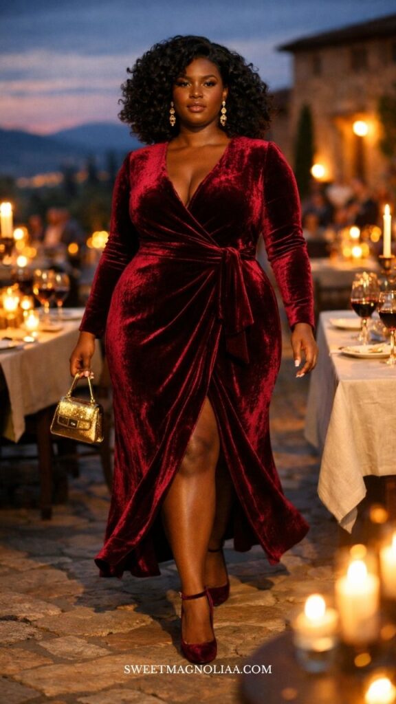 Plus-size woman in a velvet wrap wedding guest dress with long sleeves and front slit, walking in a candlelit evening setting with warm, elegant ambiance.