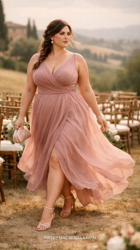 Plus-size woman in a chiffon wrap wedding guest dress with high-low hem and flowing skirt, walking outdoors at sunset in a soft, romantic setting.