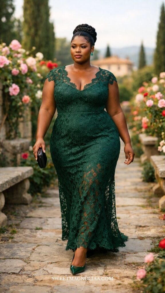 Plus-size woman in a lace maxi wedding guest dress with cap sleeves and fitted silhouette, walking through a garden setting with soft floral surroundings.