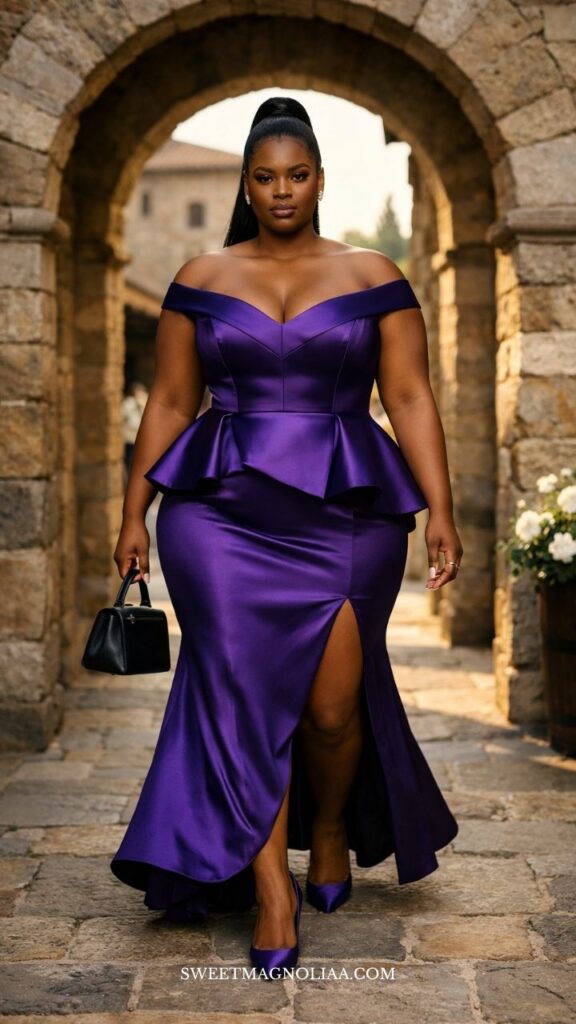 Plus-size woman in an off-shoulder satin wedding guest dress with peplum waist and fitted skirt, standing under an archway in a refined outdoor setting.