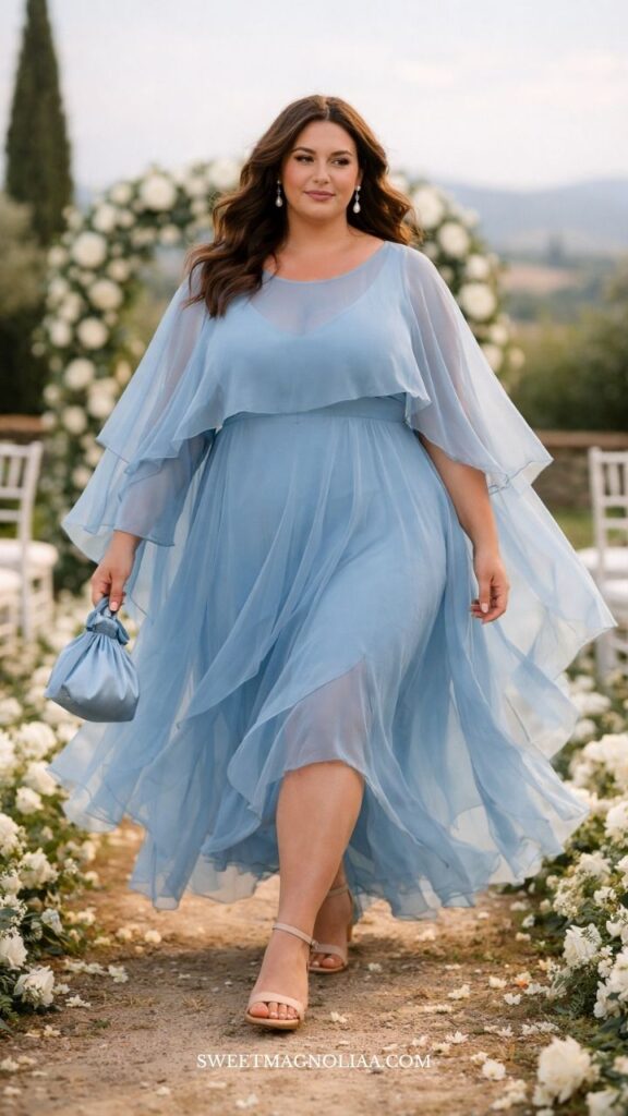 Plus-size woman in a sheer cape dress, one of many plus size wedding guest dresses with layered chiffon skirt, walking down a floral aisle in a soft outdoor wedding setting.