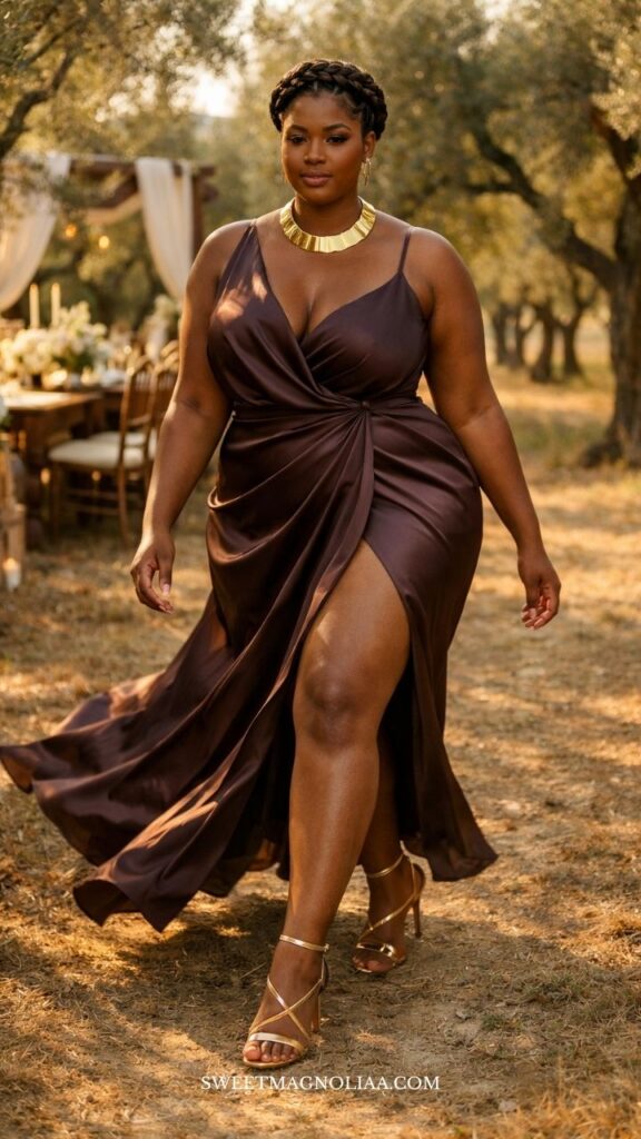 Plus-size woman in a satin wrap wedding guest dress with tie waist and front slit, walking outdoors in warm light with a natural, rustic setting.
