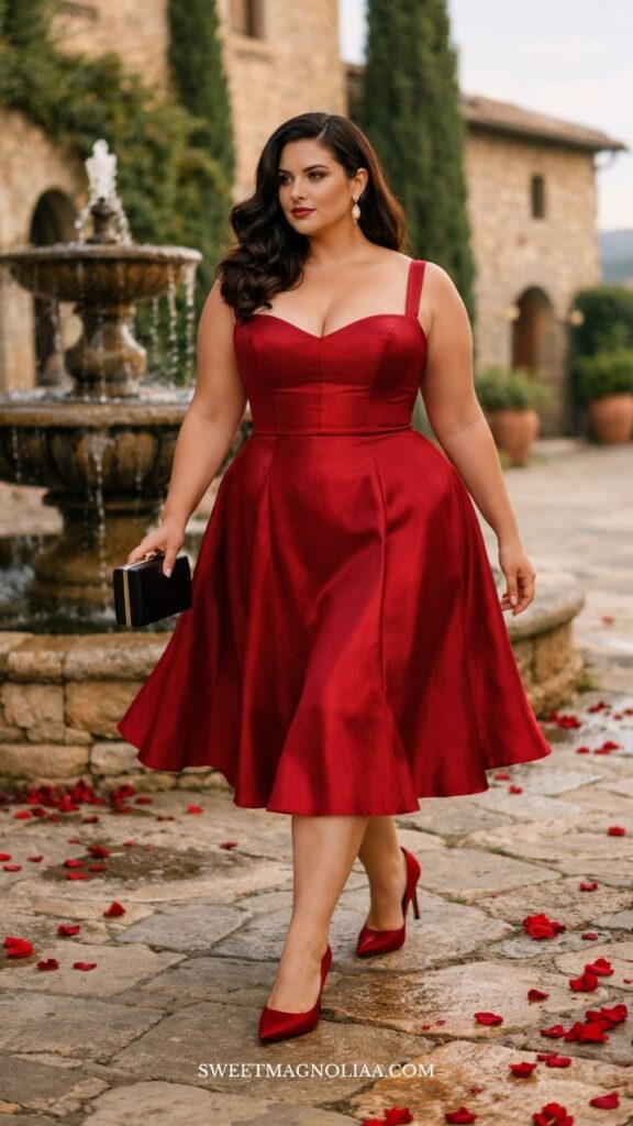 Plus-size woman in a satin fit-and-flare wedding guest dress with structured bodice and flared skirt, walking outdoors near a fountain in a romantic setting.