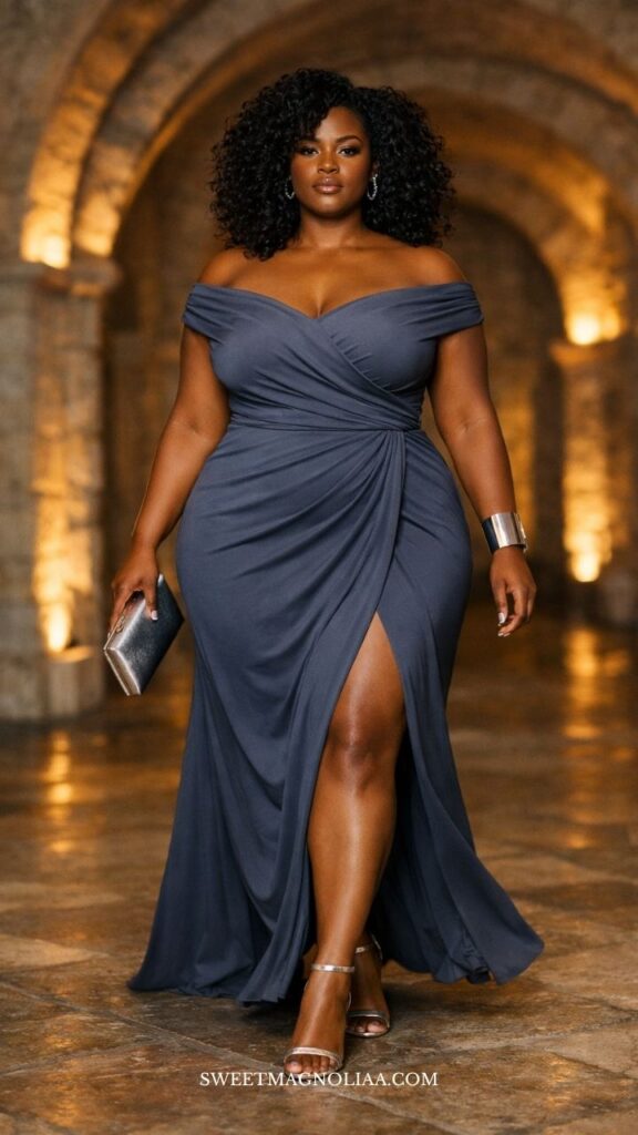 Plus-size woman in an off-shoulder wrap wedding guest dress with front slit, walking through an indoor venue with warm lighting and elegant setting.