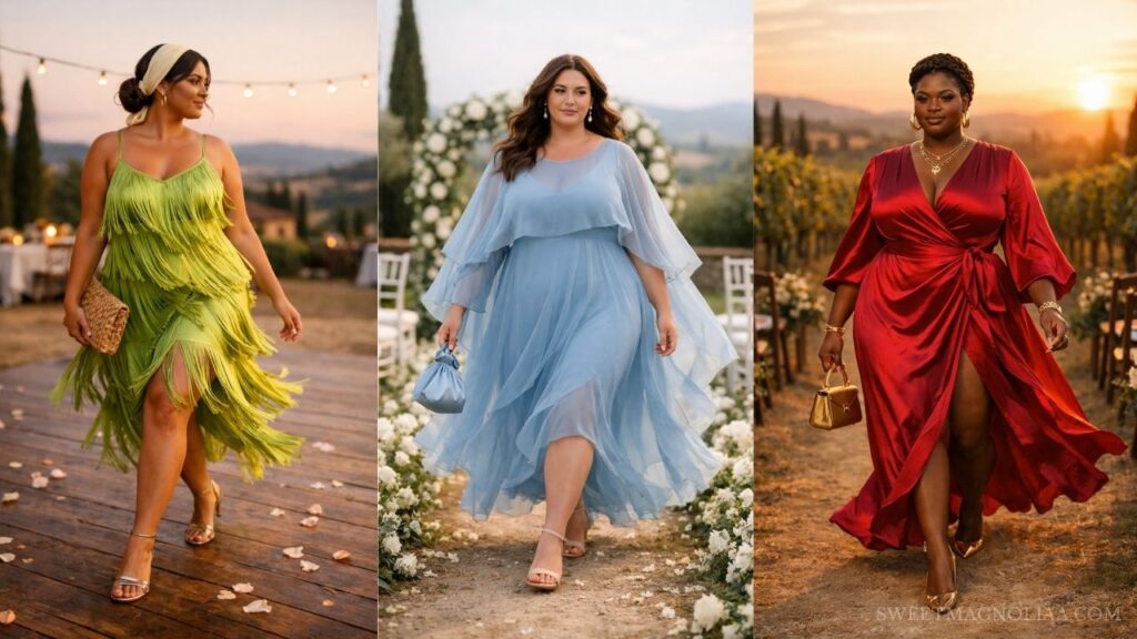 Plus-size women in plus size wedding guest dresses featuring fringe, chiffon, and satin styles, walking outdoors in warm sunset settings with elegant ambiance.