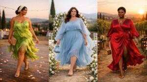 Plus-size women in plus size wedding guest dresses featuring fringe, chiffon, and satin styles, walking outdoors in warm sunset settings with elegant ambiance.