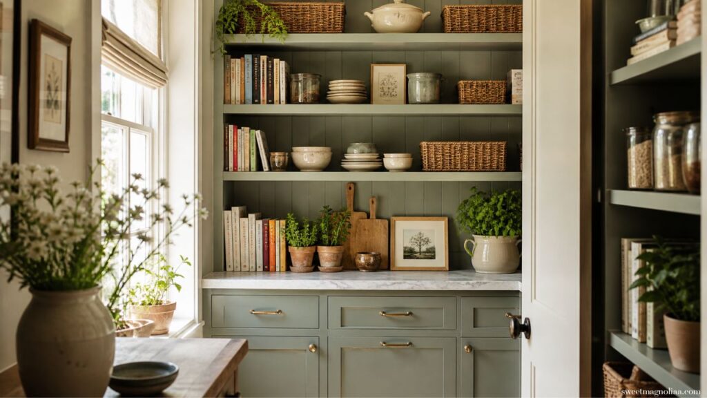 Kitchen pantry ideas with sage green cabinetry, open shelves, woven baskets, cookbooks, and plants creating a cozy, organized and stylish storage space.