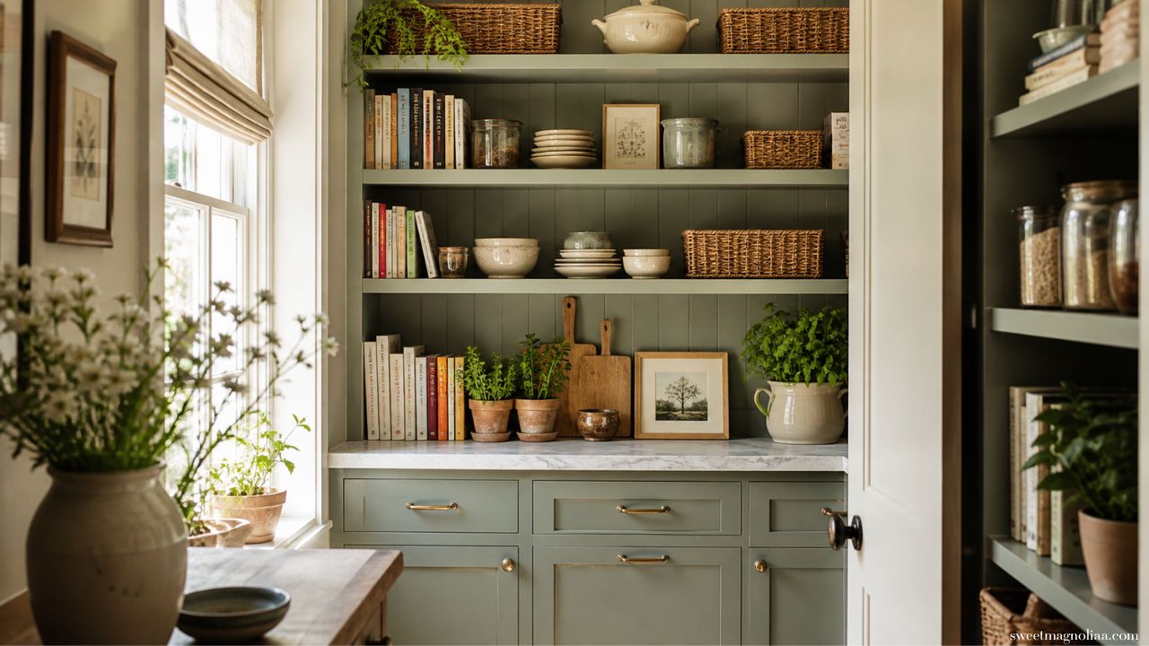 Kitchen pantry ideas with sage green cabinetry, open shelves, woven baskets, cookbooks, and plants creating a cozy, organized and stylish storage space.