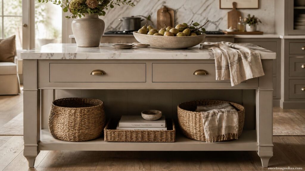 Kitchen Island Ideas with open lower shelving, woven baskets, and warm wood tones blending storage and style in a cozy functional kitchen.