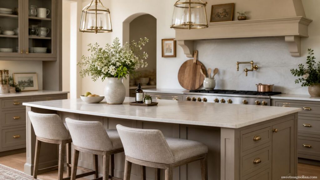 Kitchen Island Ideas with neutral cabinetry, marble counters, upholstered stools, and soft lighting for a refined yet cozy transitional kitchen look.