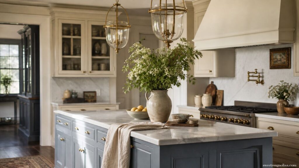 Kitchen Island Ideas with a blue-gray island, marble top, glass pendant lights, and fresh greenery adding a calm, elegant and timeless kitchen feel.