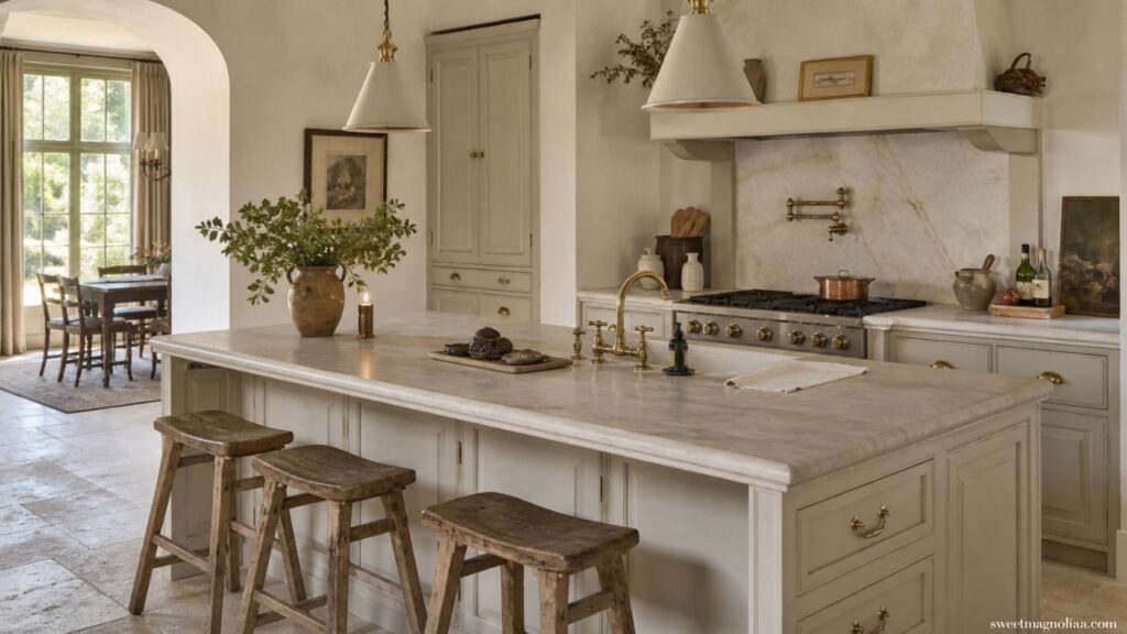 Kitchen Island Ideas featuring soft cream cabinetry, marble island, brass fixtures, and rustic wood stools for a light, airy farmhouse style kitchen.