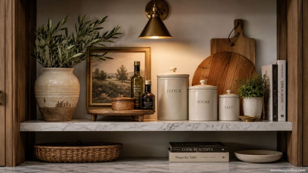 Kitchen pantry ideas featuring marble shelving, ceramic canisters, wood boards, and warm lighting for a classic, curated and functional pantry nook.