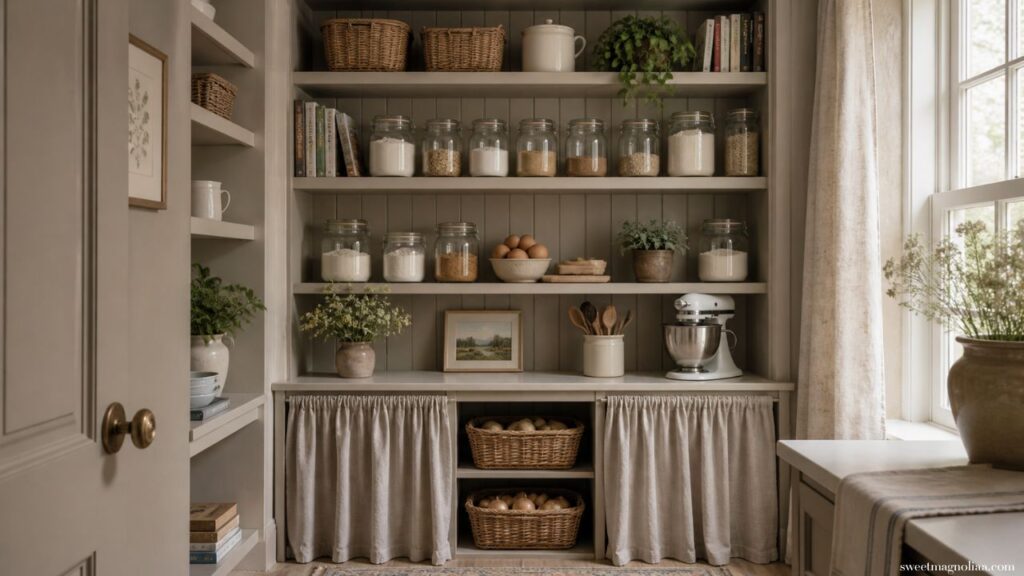 Kitchen pantry ideas with open shelving, glass jars, baskets, and soft curtains offering a practical yet charming farmhouse-style storage solution.