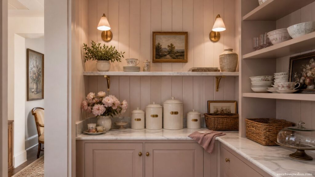 Kitchen pantry ideas in a soft blush-toned space with marble shelves, decorative jars, florals, and warm sconces for a pretty and elegant pantry design.