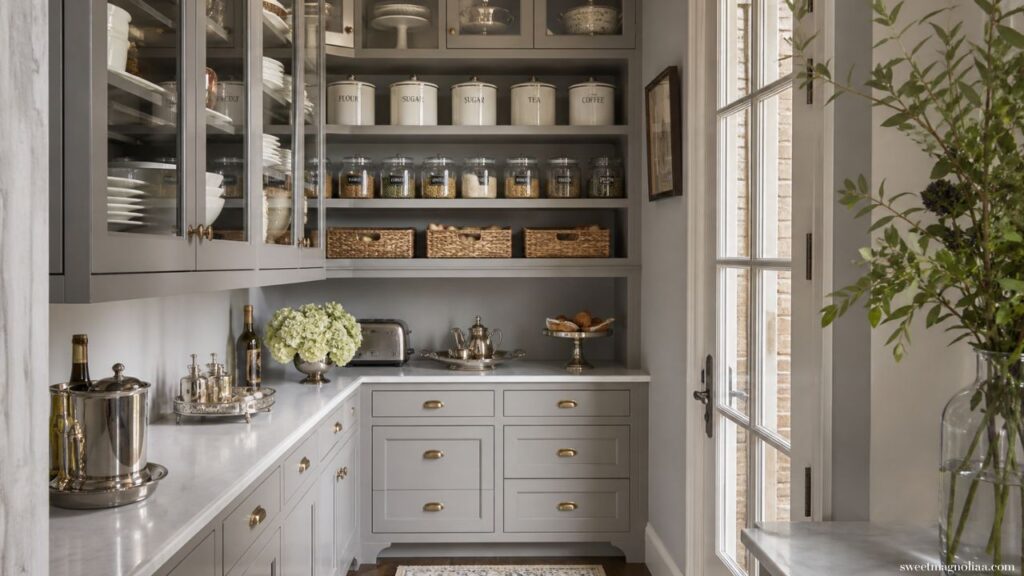 Kitchen pantry ideas with glass-front cabinets, labeled jars, woven baskets, and marble counters creating a clean, organized and timeless pantry setup.