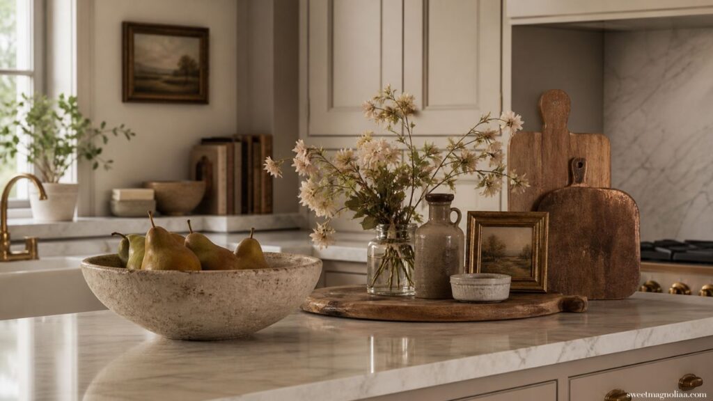 Kitchen Island Ideas with open shelving, baskets, and cookbooks offering both storage and display in a practical and cozy kitchen setup.