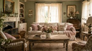 A warm English cottage living room with sage green walls cream sofa blush pink cushions wicker basket and fresh flowers in soft morning light