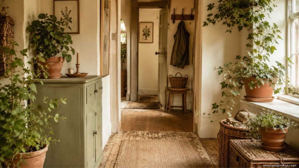 A welcoming English cottage entryway with sage green cabinet terracotta pots trailing ivy plants wicker basket warm wooden floors and botanical prints in soft light